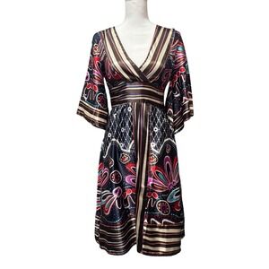 Minuet Women's Satin Look Dress Small | Boho Retro Multicolor Print V-Neck